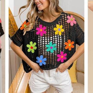 BiBi Black Crochet Top with Colorful Floral Accents